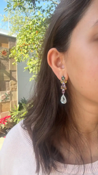 Natural Multi Sapphire & Pear Shape Aquamarine Gemstone Dangle Earrings - 18k White Gold Diamond Earrings