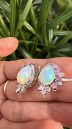 18k White Gold Diamond Stud Earrings - Natural Ethiopian Opal & Pink Sapphire Earrings
