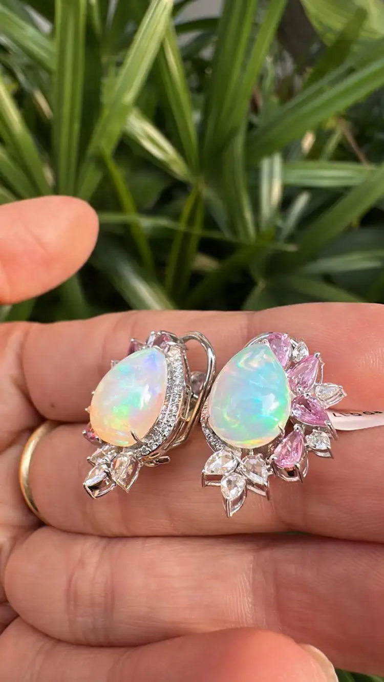 18k White Gold Diamond Stud Earrings - Natural Ethiopian Opal & Pink Sapphire Earrings