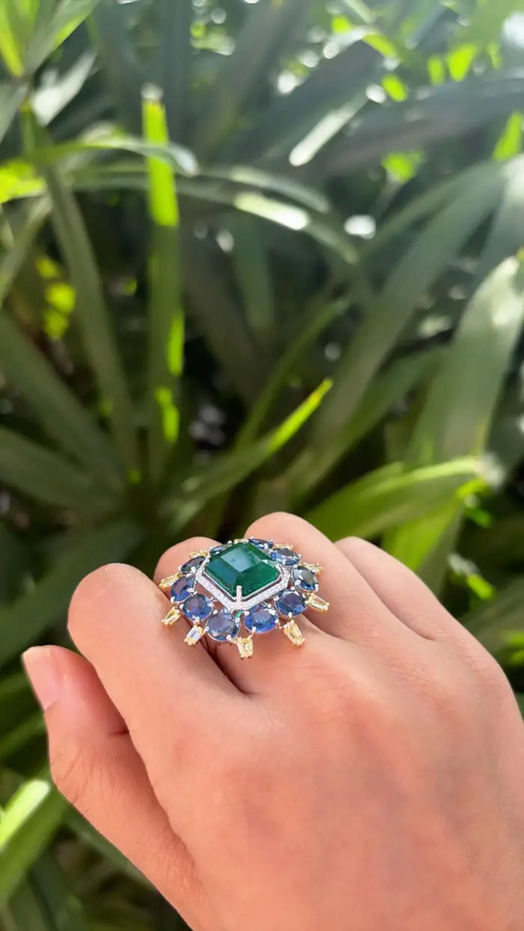Natural Zambian Emerald & Blue Sapphire Cocktail Ring - 18k White Gold Yellow Diamond Ring