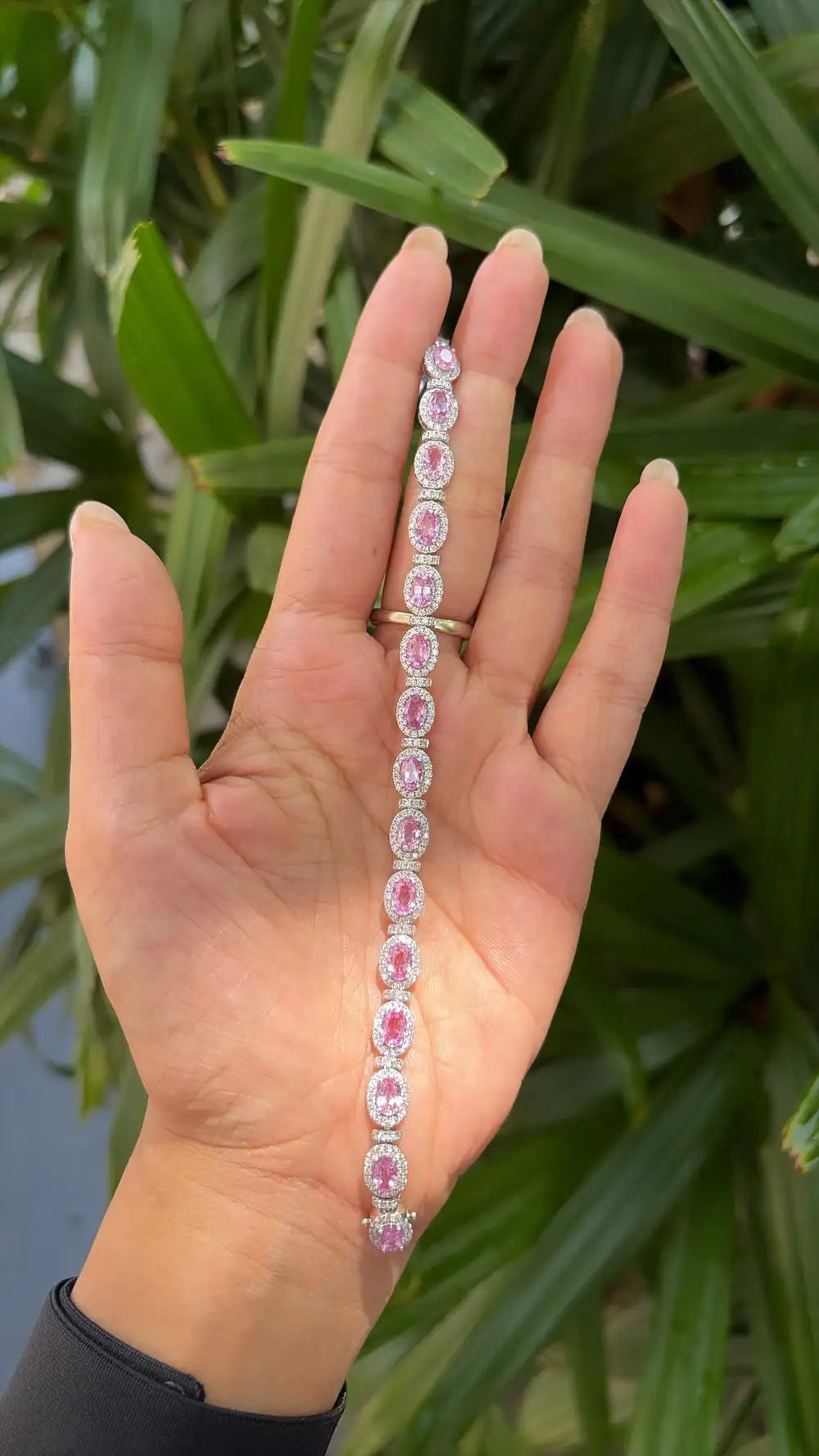 Natural Pink Sapphire Gemstone Bracelet - 18k White Gold Diamond Handmade Bracelet