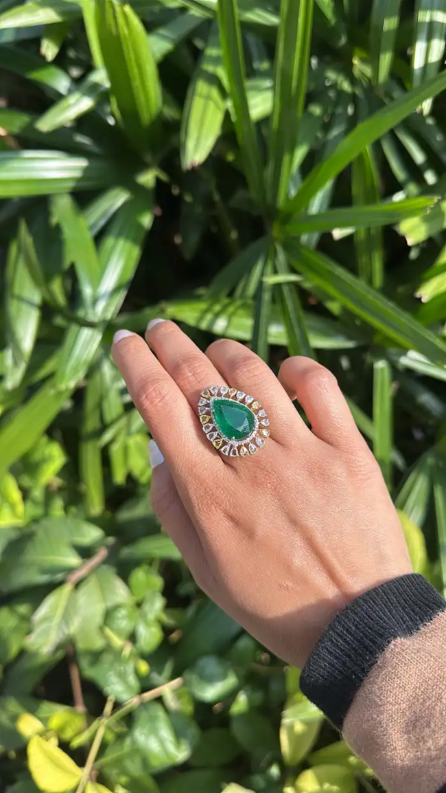 18k Two Tone Gold Ring - Natural Pear Shape Zambian Emerald & Diamond Ring Main Image