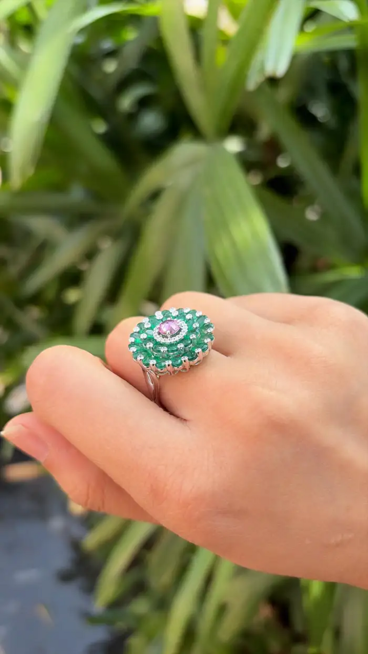 Pink Sapphire & Zambian Emerald Cocktail Ring - 18k White Gold Diamond Ring