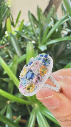 Natural Multi Sapphire & White Enamel Cocktail Ring - 18k White Gold Diamond Ring