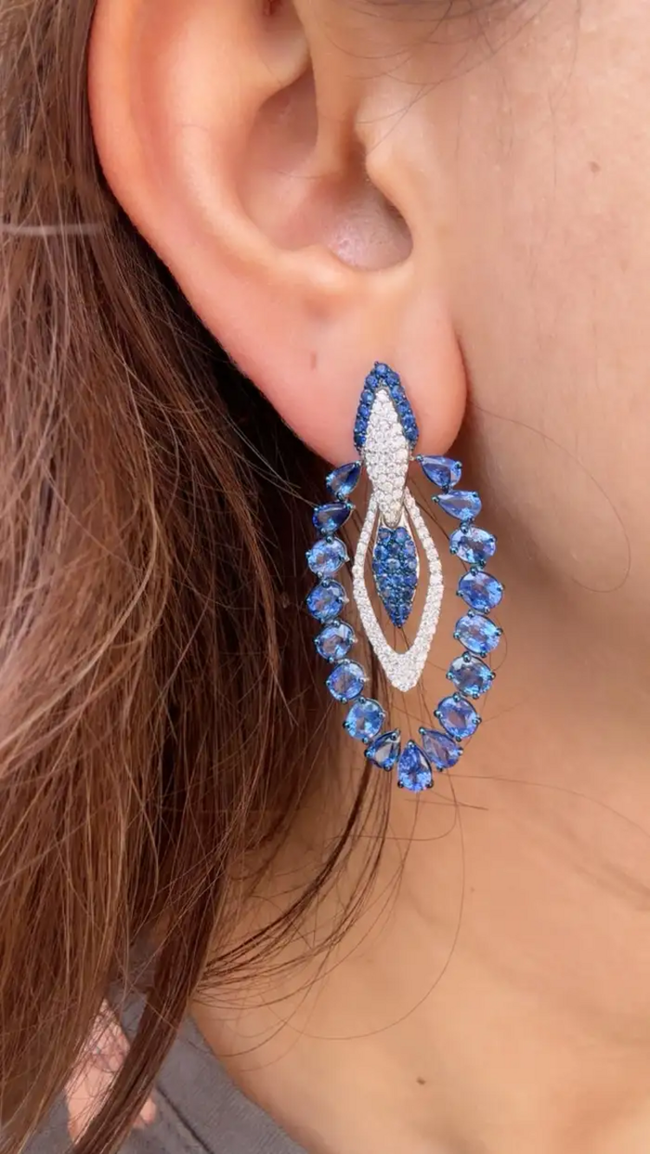 18k White Gold Diamond Earrings - Natural Blue Sapphire Dangle Earrings Main Image
