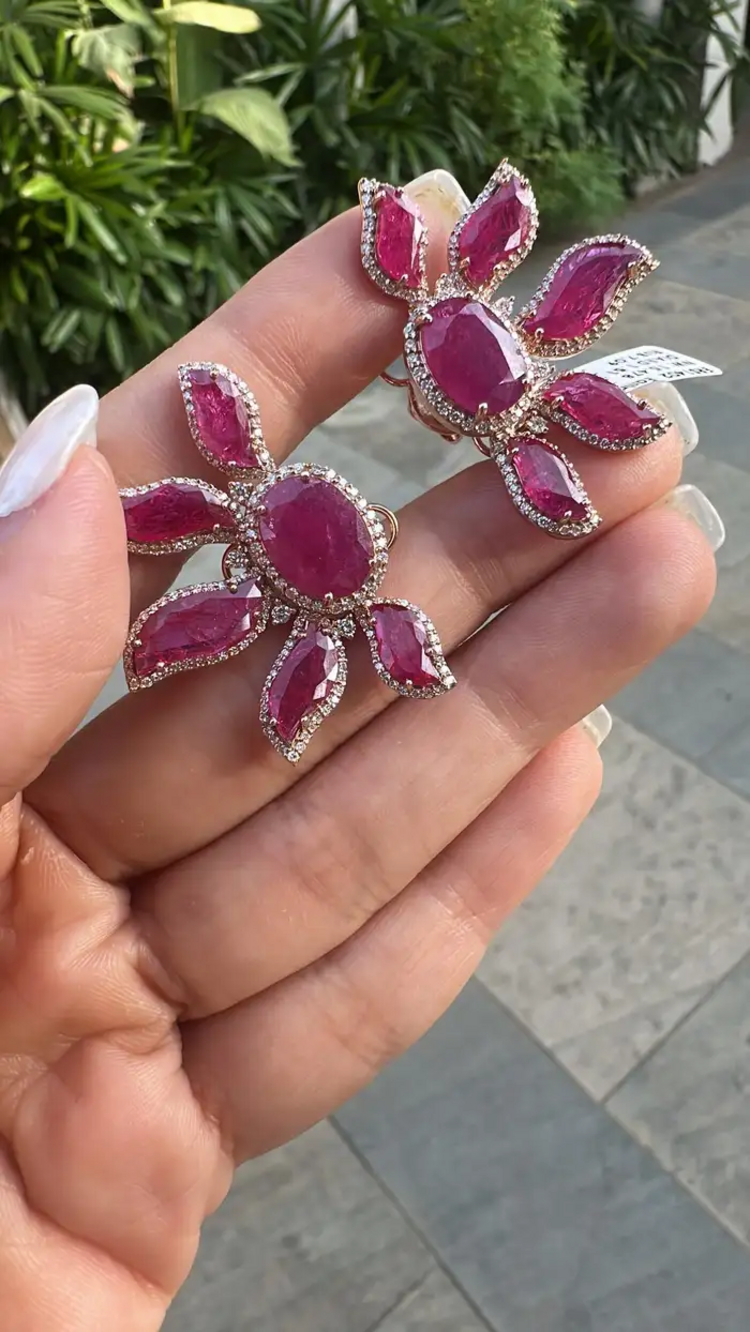 18k Rose Gold Diamond Earrings - Natural Mozambique Ruby Handmade Stud Earrings