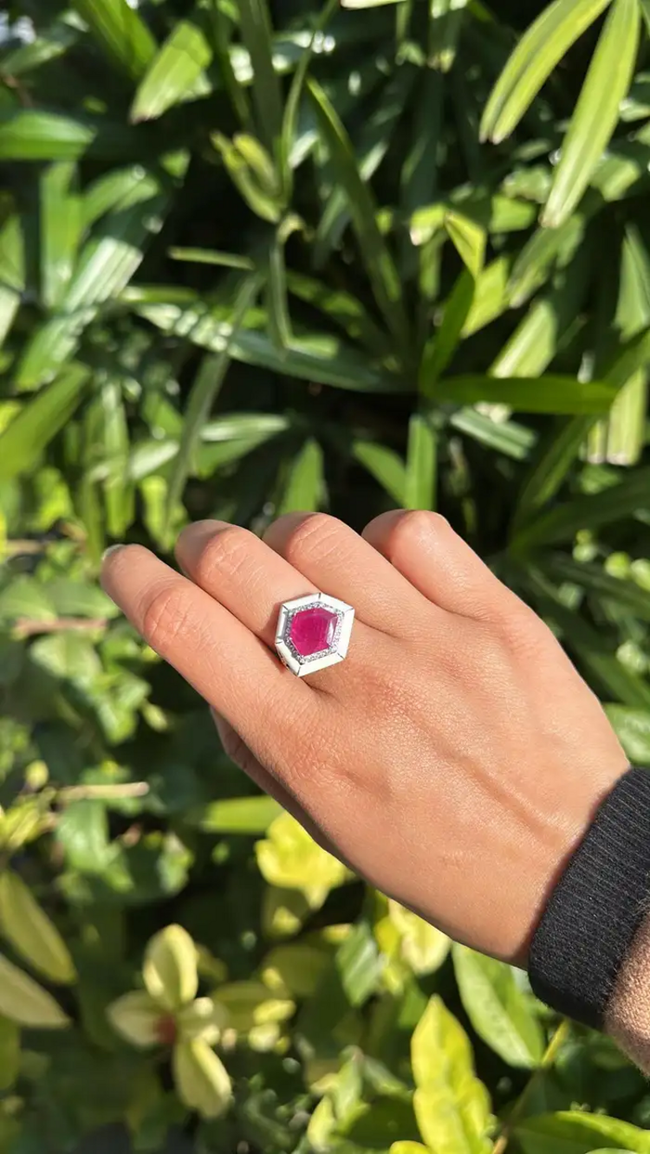Mozambique Ruby & Diamond Ring - 18k White Gold Handmade Ring With White Enamel Main Image