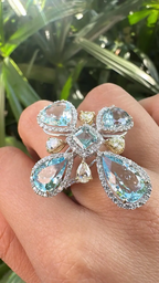 18k White Gold Statement Ring - Natural Aquamarine & Yellow Diamond Cocktail Ring