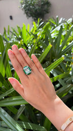Natural Aquamarine & Green Enamel Cocktail Ring - 18k White Gold Diamond Handmade Ring