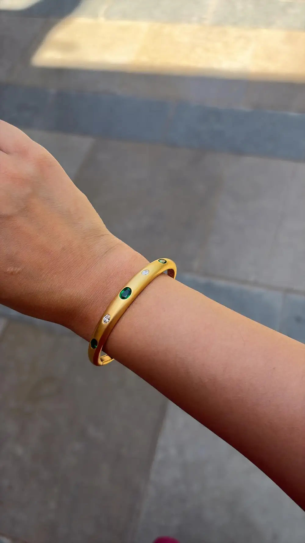 18k Yellow Matte Gold Bangle - Natural Emerald & Diamond Bangle