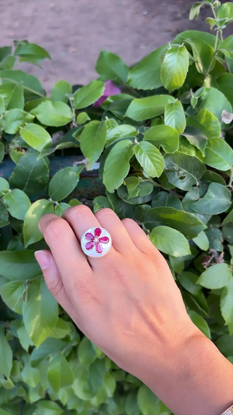 18k White Gold Diamond Ring - Natural Mozambique Ruby & Mother of Pearl Cocktail Ring