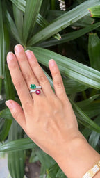 Natural Rubellite & Zambian Emerald Gemstone Ring - 18k White Gold Diamond Toi et Moi Ring