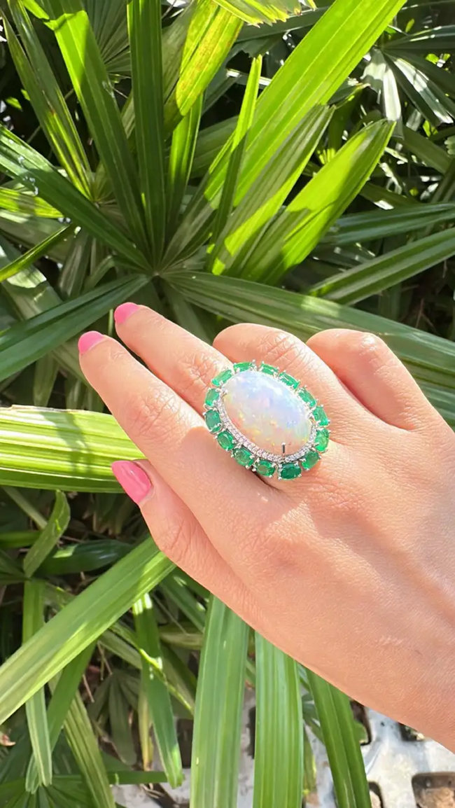 Natural Ethiopian Opal & Zambian Emerald Cocktail Ring - 18k White Gold Diamond Wedding Ring Main Image