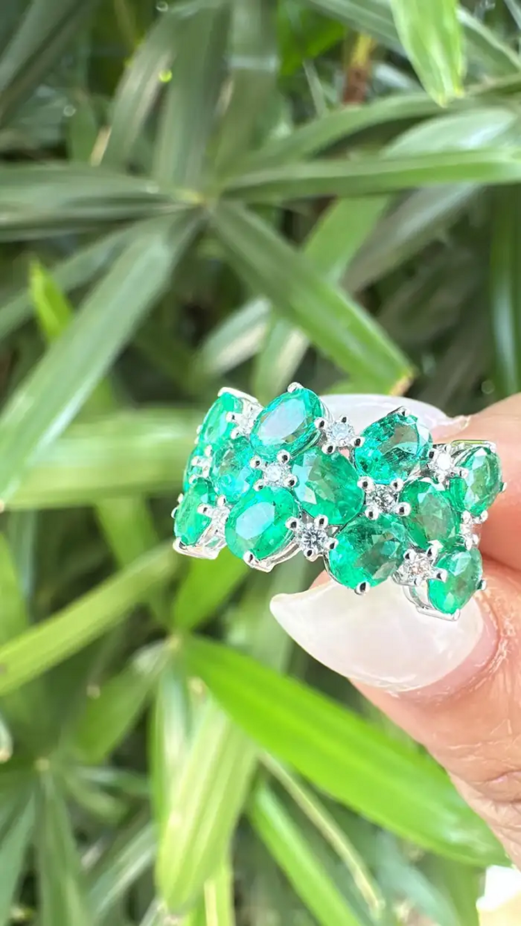 Natural Zambian Emerald & Diamond Band Ring - 18k White Gold Engagement Ring