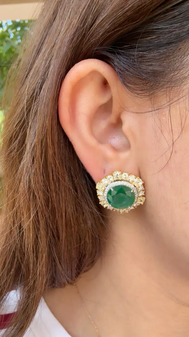 Natural Zambian Emerald & Yellow Diamond Earrings - 18k White Gold Stud Earrings Main Image