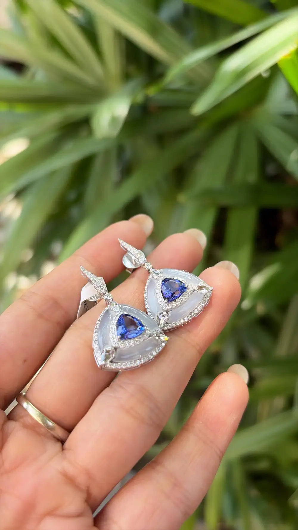 Natural Tanzanite & Chalcedony Gemstone Dangle Earrings - 18k White Gold Diamond Earrings
