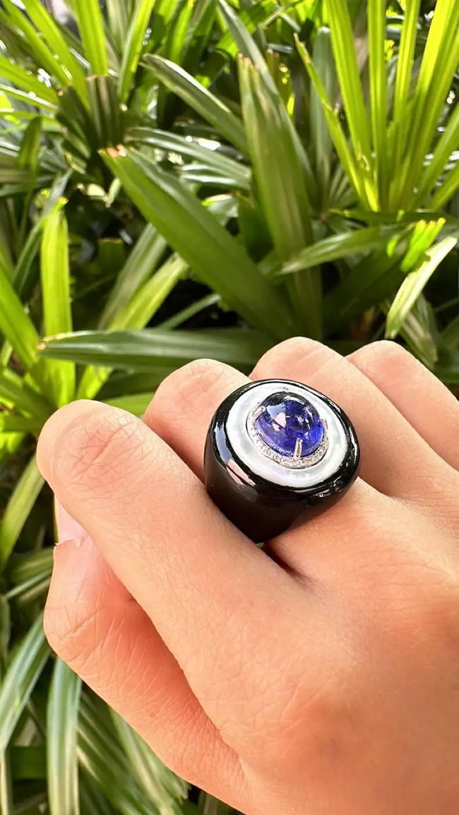 18k White Gold Ring - Natural Tanzanite & Mother Of Pearl Ring - Gold Diamond Cocktail Ring - Black Onyx Ring - Diamond Women Ring Main Image