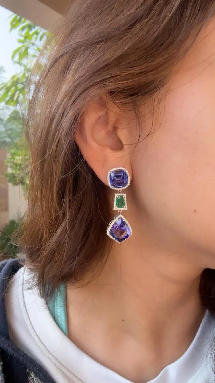 Natural Zambian Emerald & Tanzanite Dangle Earrings - 18k White Gold Diamond Earrings