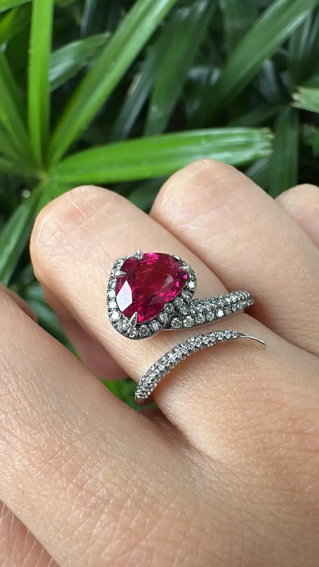 18k White Gold Diamond Ring - Natural Rubellite Gemstone Engagement Ring Main Image