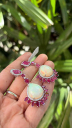 18k White Gold Diamond Earrings - Natural Ethiopian Opal & Mozambique Ruby Dangle Earrings