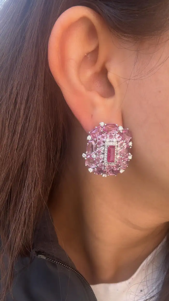Natural Mozambique Ruby & Ceylon Pink Sapphire Stud Earrings - 18k White Gold Diamond Earrings Main Image