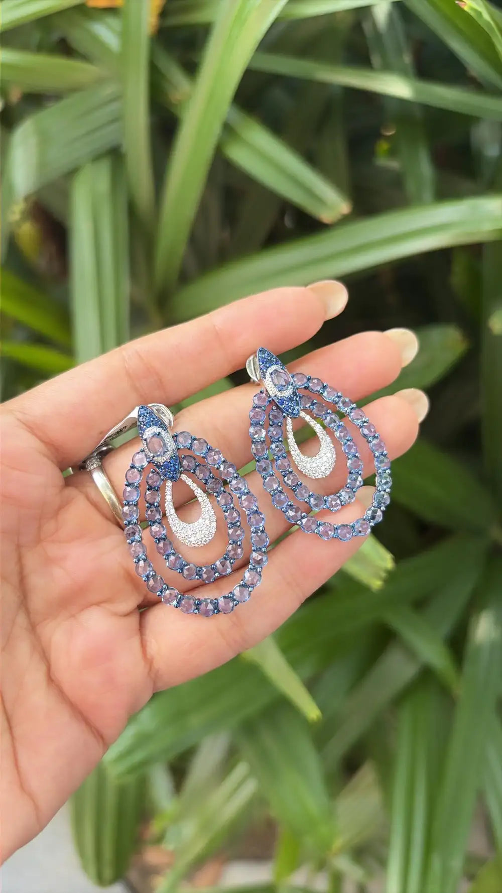 18k White Gold Diamond Dangle Earrings - Natural Blue Sapphire Gemstone Earrings