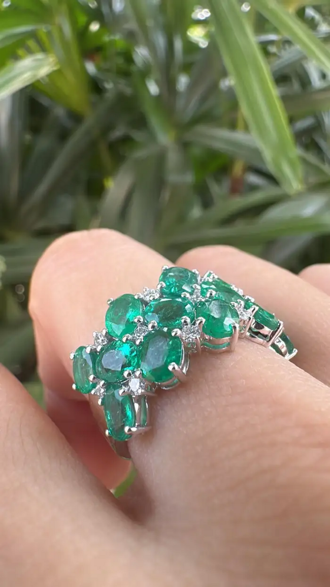 Natural Zambian Emerald & Diamond Band Ring - 18k White Gold Engagement Ring Main Image