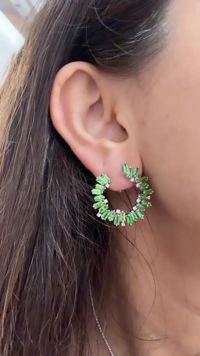18k White Gold Diamond Earrings Natural Tsavorite Hoop Earrings