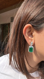 Emerald Cabochons & Diamonds Dangle Earrings - 18k White Gold Handmade Women Earrings