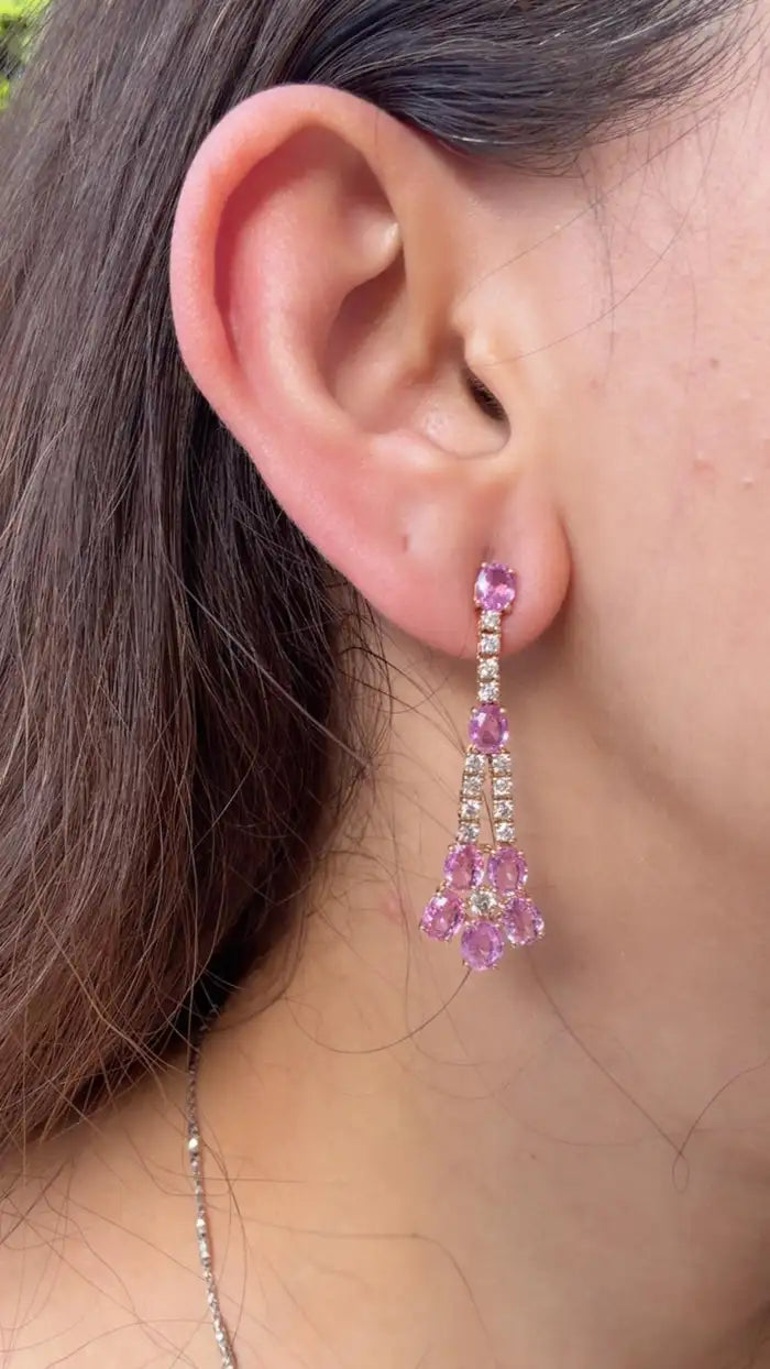 18k Rose Gold Diamond Handmade Earrings - Natural Pink Sapphire Dangle Earrings
