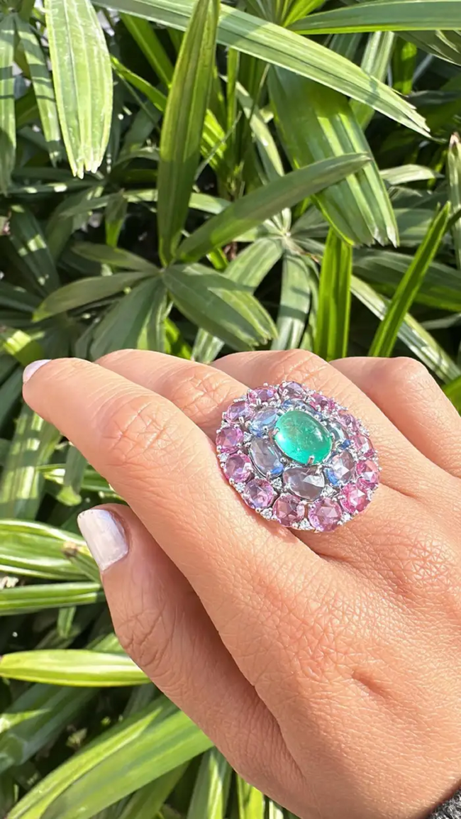 Colombian Emerald & Diamond Cocktail Ring - 18k White Gold Pink & Blue Sapphire Statement Ring Main Image