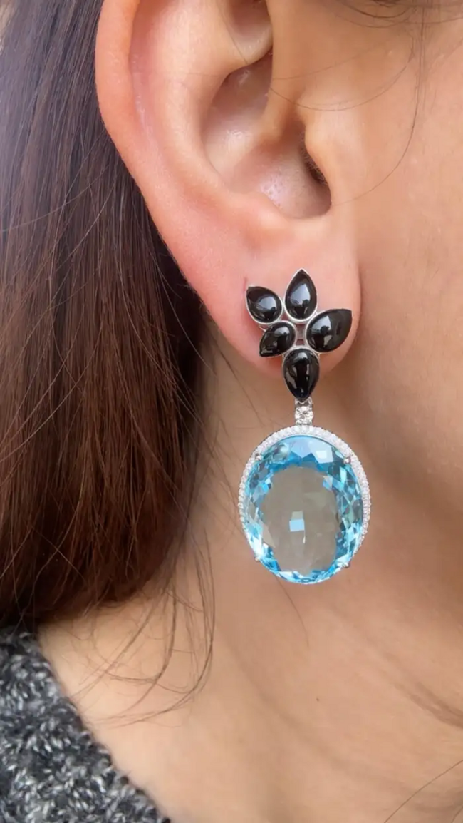 52.67 Ct. Blue Topaz & Black Onyx Gemstone Dangle Earrings - 18k White Gold Diamond Earrings Main Image
