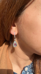 18k White Gold Diamond Dangle Earrings - Natural Ruby & Hand Carved Aquamarine Earrings