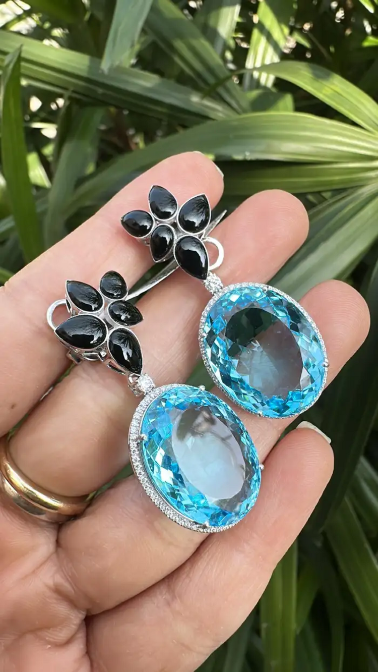 52.67 Ct. Blue Topaz & Black Onyx Gemstone Dangle Earrings - 18k White Gold Diamond Earrings
