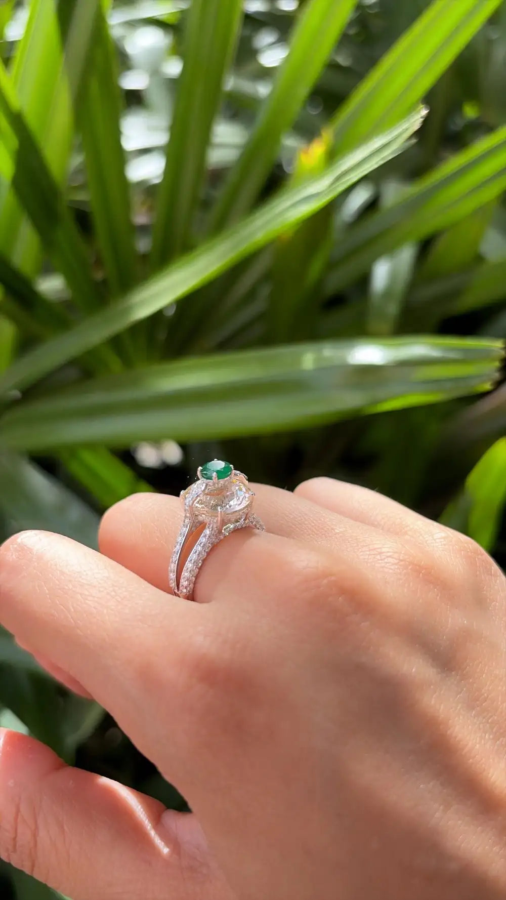 Natural Morganite & Zambian Emerald Gemstone Ring - 18k White Gold Diamond Ring