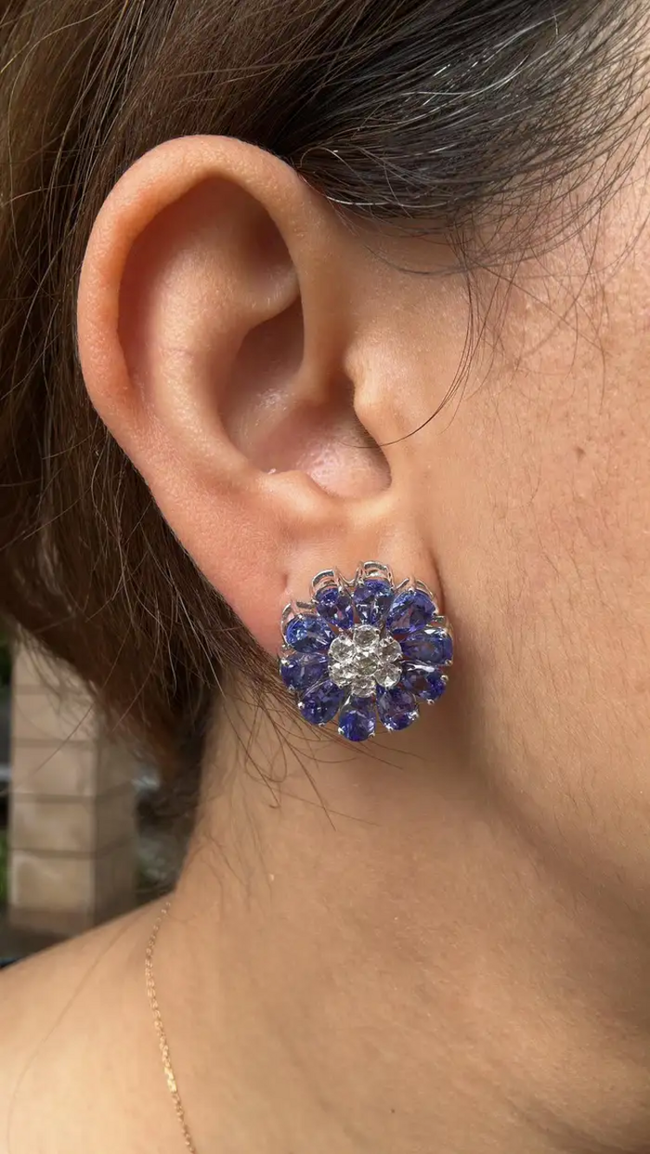 18k White Gold Diamond Stud Earrings - Natural Tanzanite & Rose Cut Diamonds Earrings Main Image