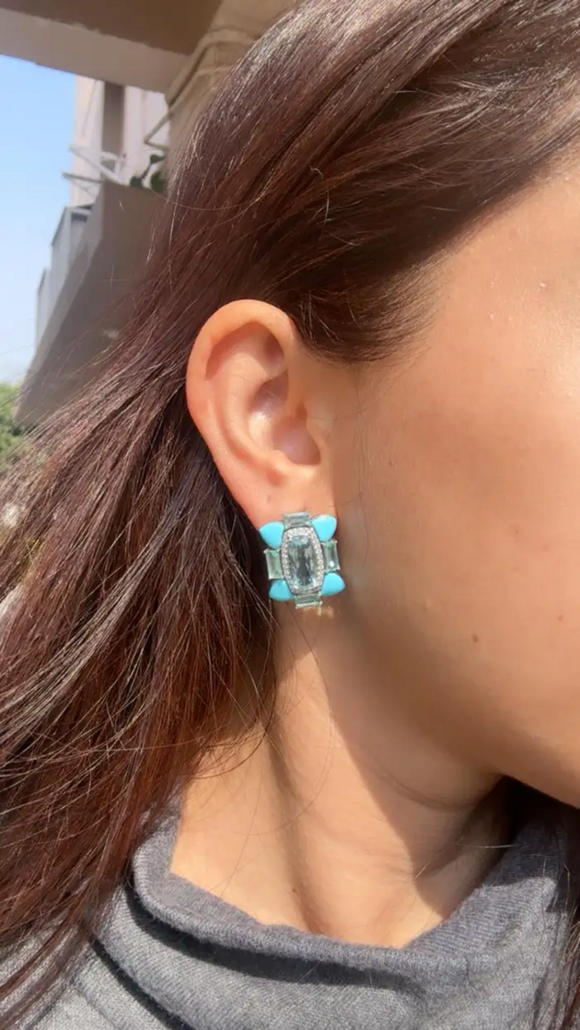 18k White Gold Diamond Stud Earrings - Natural Aquamarine, Turquoise & Emerald Gemstone Stud Earrings Main Image