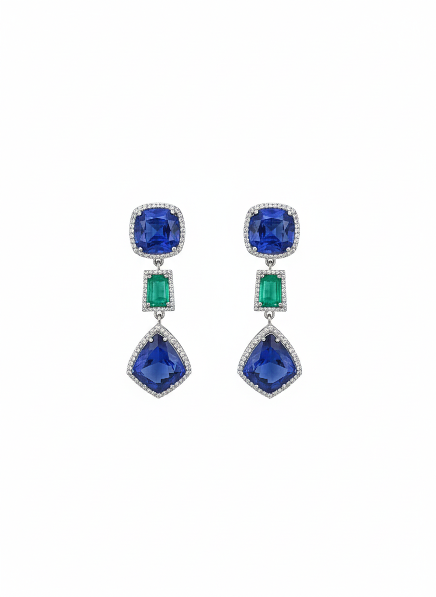 Natural Zambian Emerald & Tanzanite Dangle Earrings - 18k White Gold Diamond Earrings