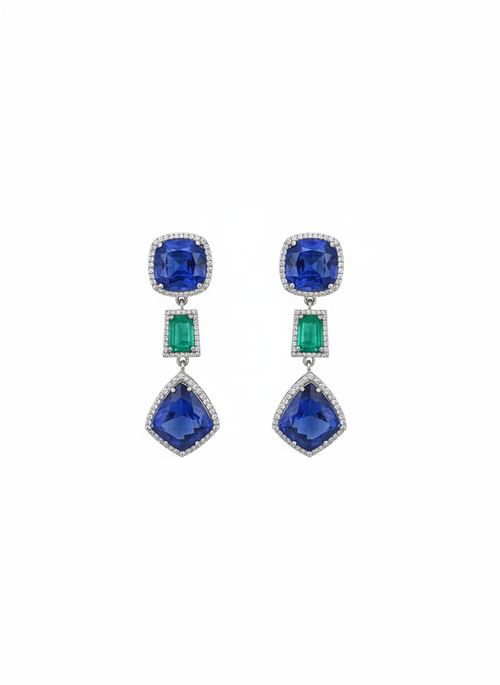 Natural Zambian Emerald & Tanzanite Dangle Earrings - 18k White Gold Diamond Earrings
