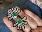 18k White Gold Handmade Stud Earrings - Natural Zambian Emerald & Diamond Women Earrings