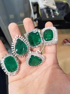 18k White Gold Diamond Ring - Natural Zambian Emerald Cocktail Ring