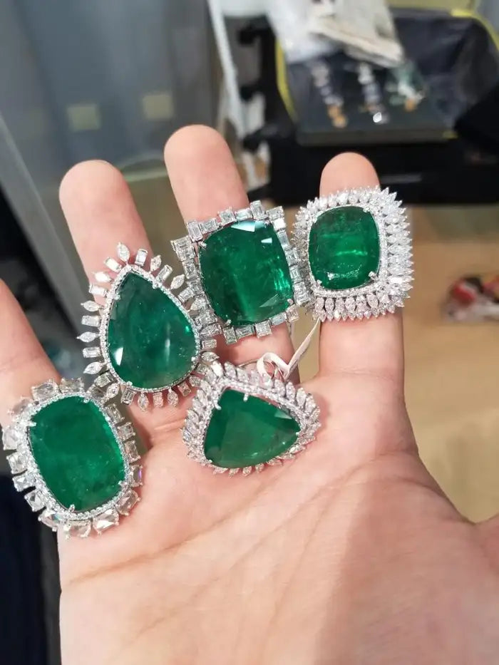 18k White Gold Diamond Ring - Natural Zambian Emerald Cocktail Ring