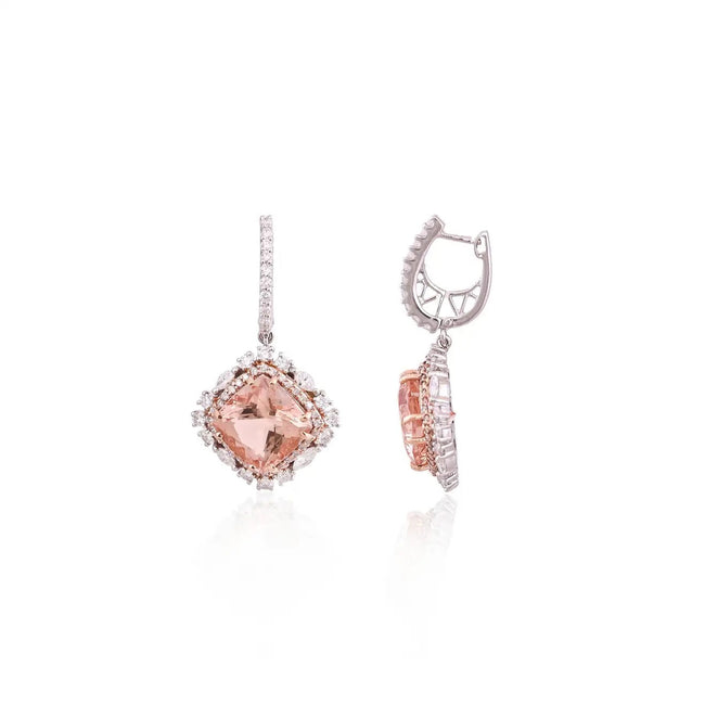 Natural Cushion Morganites & Diamonds Dangle Earrings Main Image