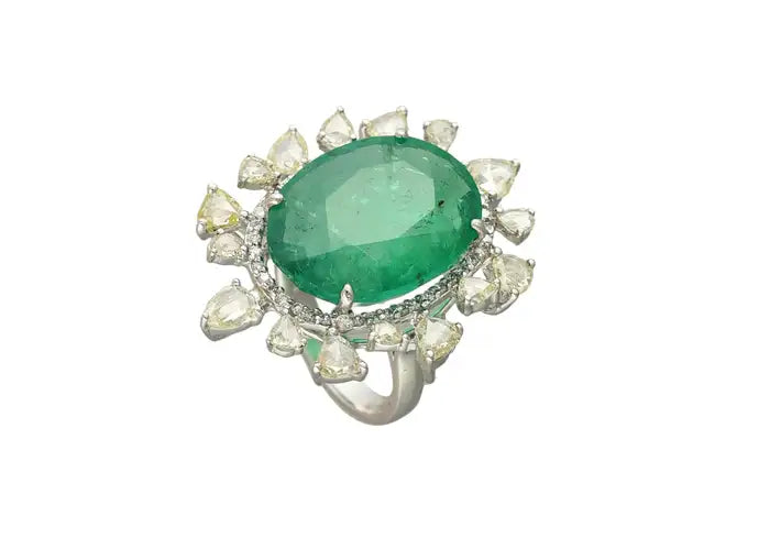18k White Gold Rose Cut Diamond Ring - Natural Emerald Statement Ring