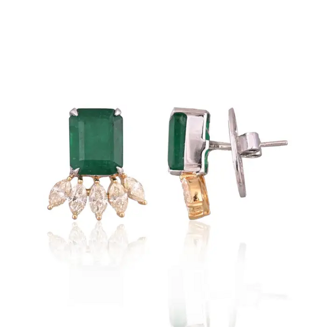 Natural Zambian Emerald Stud Earrings - 18k Two Tone Gold Earrings With Marquise Yellow Diamonds Main Image