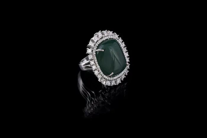 Natural 38.25 Ct. Emerald Cocktail Ring - 18k White Gold Princess Diamond Statement Ring