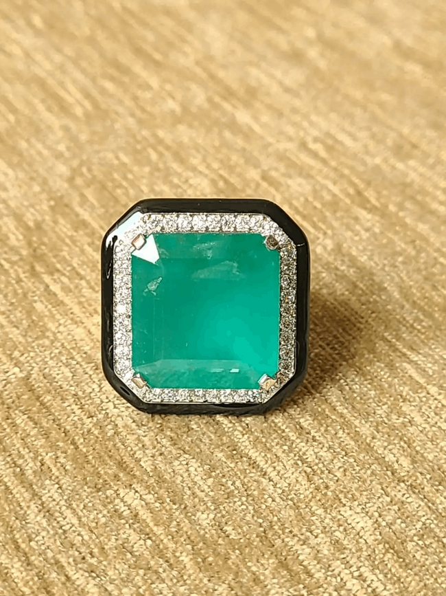 Zambian Emerald Black Enamel & Diamonds Cocktail/ Engagement Ring Main Image