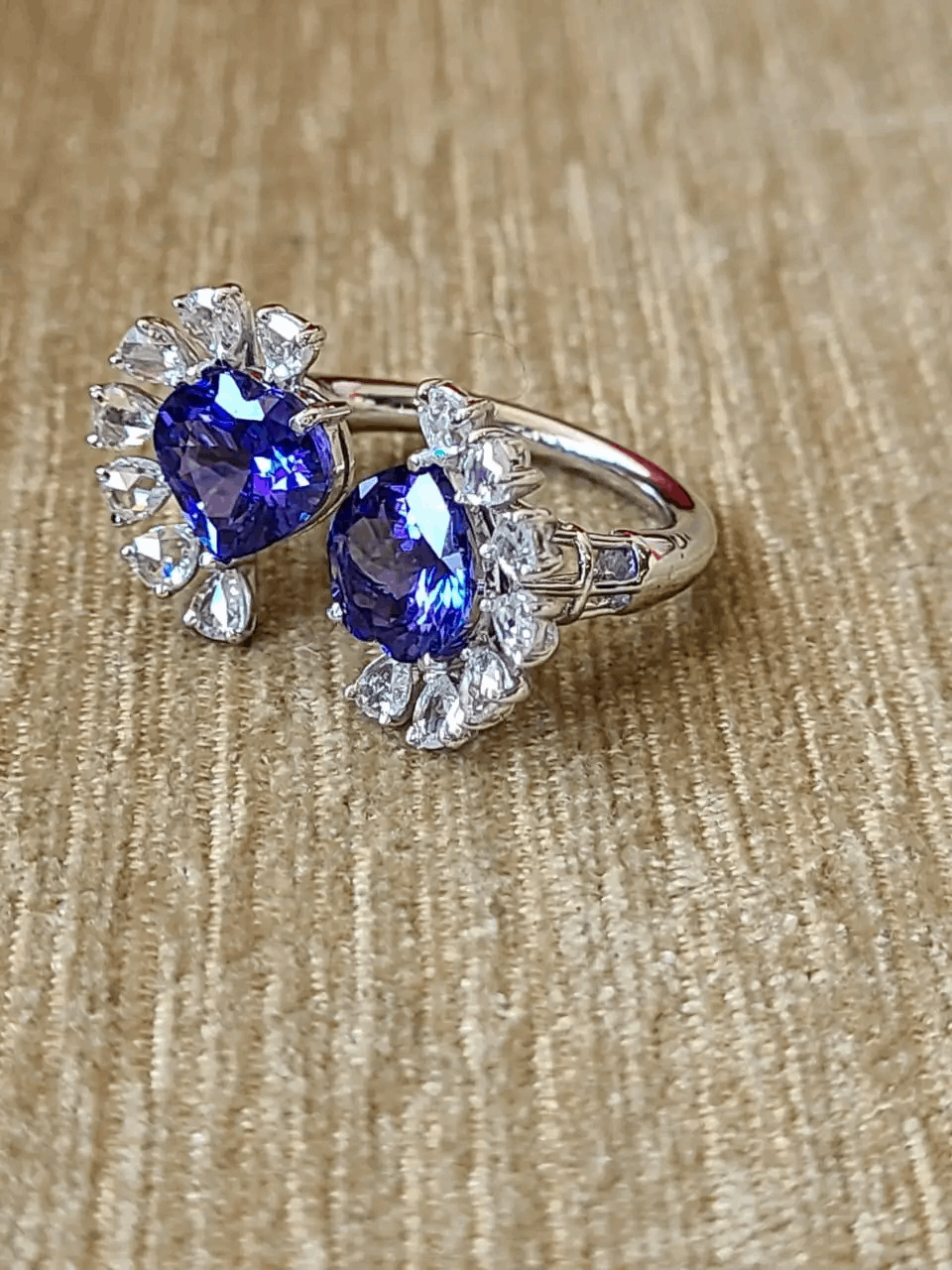 Tanzanite Set in 18K White Gold & Rose Cut Diamonds Cocktail/ Engagement Ring