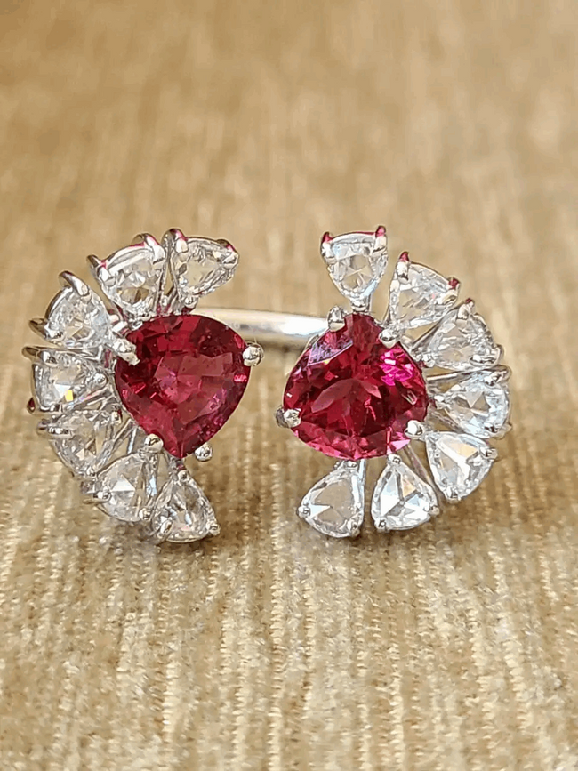 Rubellite Set in 18K White Gold & Rose Cut Diamonds Cocktail/ Engagement Ring Main Image