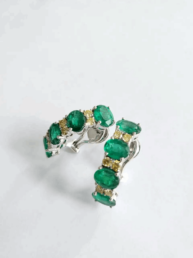 Natural Zambian Emeralds 9.08 carats & Yellow Diamonds Half Hoop Earrings Main Image